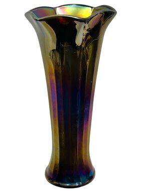 Antique 1910s Dugan Carnival Glass Thin Panels Ruffled Vase - Art Nouveau EAPG